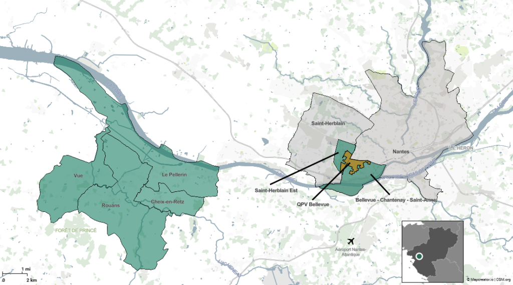 carte montrant les deux territoires d'expérimentations : Le quartier du Grand Bellevue à Nantes et Saint-Herblain, avec CHantenay et Ste-Anne 4 communes du pays de retz : Rouans, Vue, Cheix, Le Pellerin