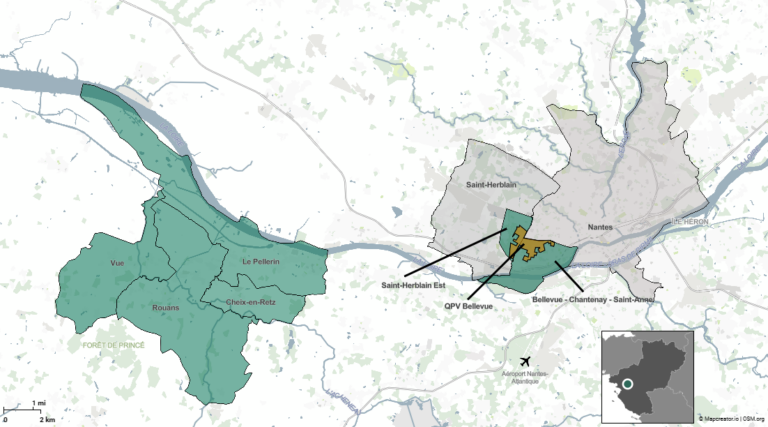 carte montrant les deux territoires d'expérimentations : Le quartier du Grand Bellevue à Nantes et Saint-Herblain, avec CHantenay et Ste-Anne 4 communes du pays de retz : Rouans, Vue, Cheix, Le Pellerin