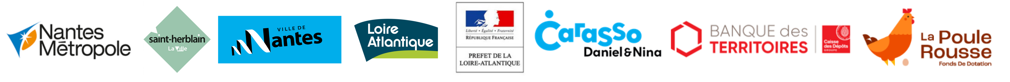 logos de l'ensemble des financeurs du projet : Nantes Métropole, Ville de St-Herblain, Ville de Nantes, Prefecture 44, Fondation Carasso, Banque des territoires, fondation "la poule rousse"